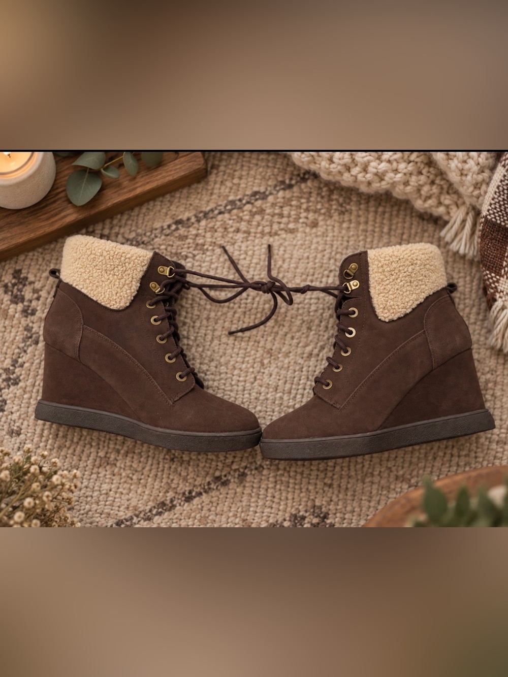 Wedge Lace-Up Ankle Boots with Sherpa Collar - Brown